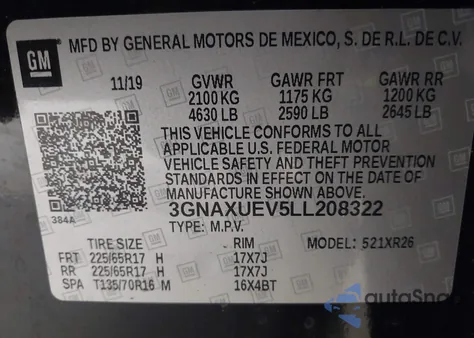 2020 Chevrolet Equinox Awd Lt 1.5L Turbo from USA, damaged, VIN 3GNAXUEV5LL208322